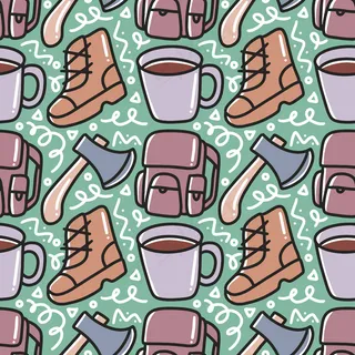 营地用品图案集合，带有图标和设计元素