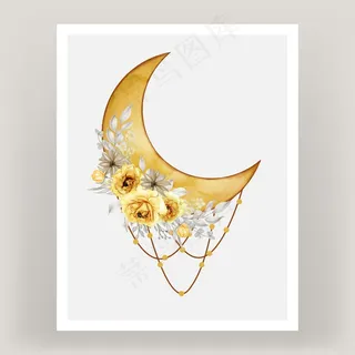 水彩画月圆黄玫瑰色