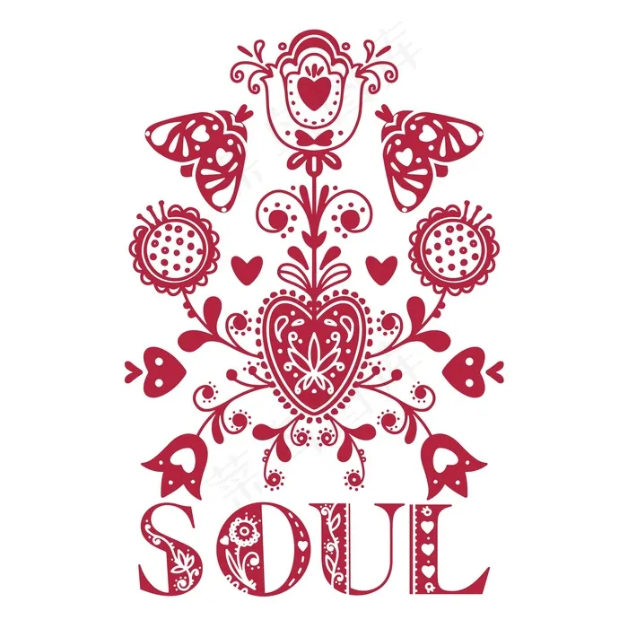 抽象的民间装饰性蝴蝶和花卉构成eps,ai矢量模版下载