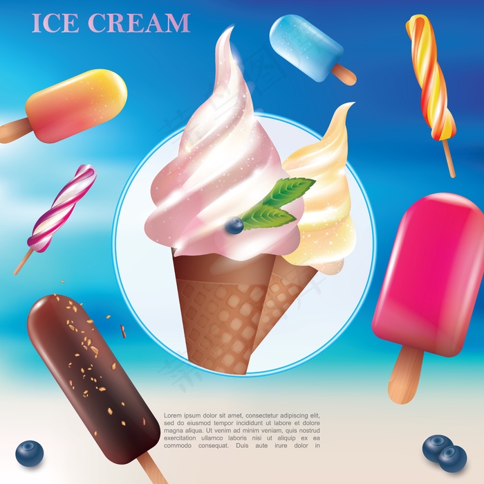 现实美味的冷甜点模板与棒棒糖冰棒冰淇淋水果和浆果口味