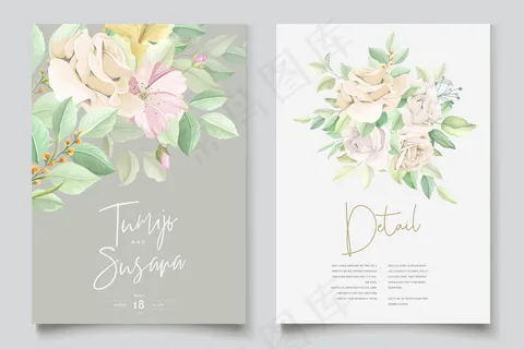 美丽柔软的花朵和树叶婚礼请柬