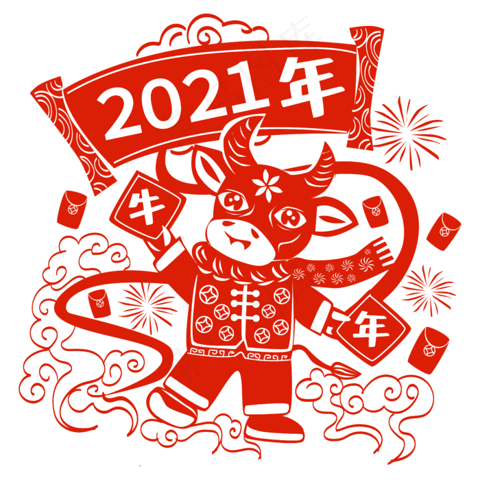 新年卡通牛剪纸矢量图(5000*5000px 300 dpi )ai矢量模版下载