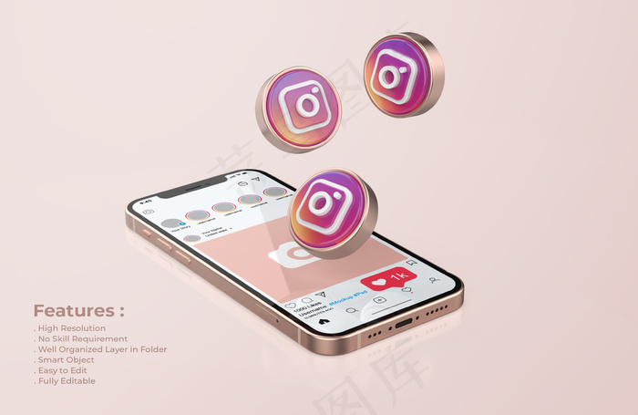 玫瑰金手机模型样机上的Instagrampsd模版下载
