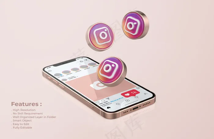 玫瑰金手机模型样机上的Instagram