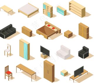 家具等距图，带双人床沙发椅扶手椅床头柜和电视矢量图
