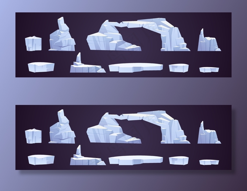 卡通浮冰，冰冻的冰山碎片，不同形状的冰川