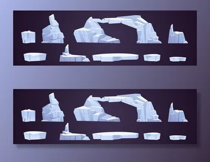 卡通浮冰，冰冻的冰山碎片，不同形状的冰川