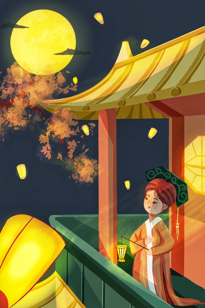 中秋节古风宫廷祈福插画
