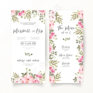 Dl婚礼请柬和菜单模板,带有柔和的粉红色花朵 Dl婚礼请柬和菜单模板,带有柔和的粉红色花朵