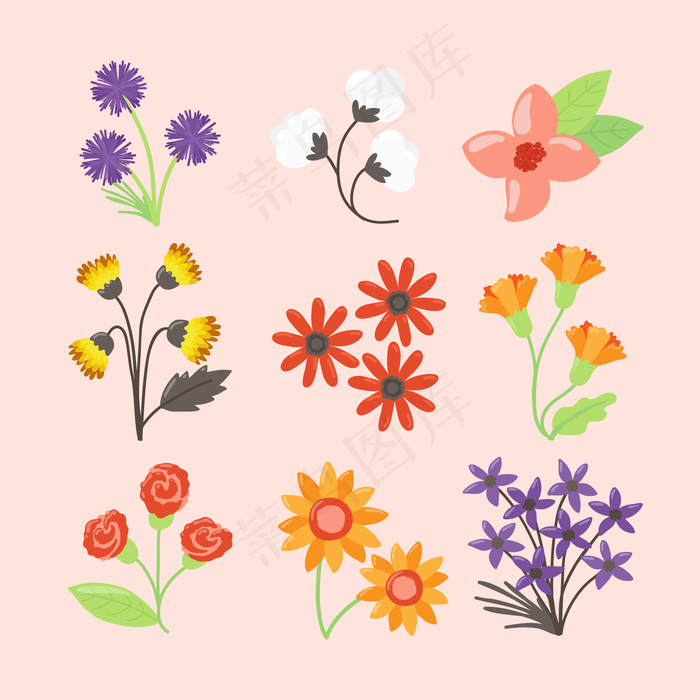 粉红色背景上孤立的手绘春花系列