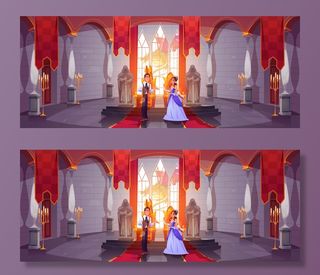 王子和公主在城堡大厅的王座室