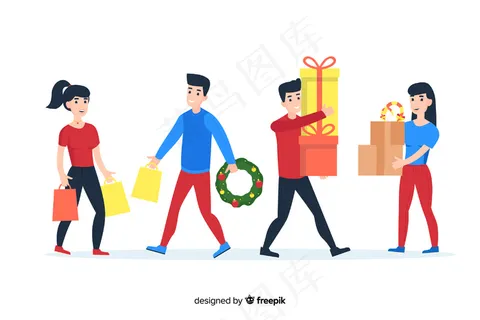 卡通穿着冬装,手持礼物和花圈 卡通穿着冬装,手持礼物和花圈