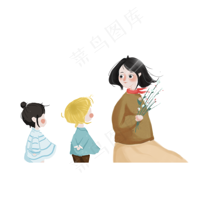 手拿花束的老师和两个学生卡通元(2000X2000(DPI:72))psd模版下载