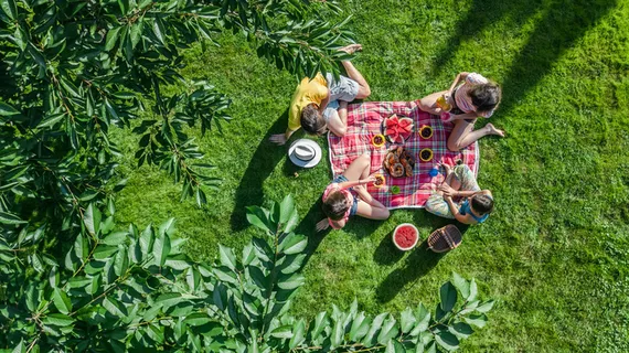 一个快乐的家庭,孩子们在公园野餐,父母带着孩子们坐在花园的草地上,在户外吃健康的饭菜 一个快乐的家庭,孩子们在公园野餐,父母带着孩子们坐在花园的草地上,在户外吃健康的饭菜