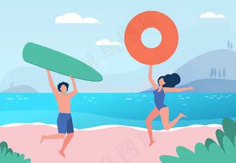 享受夏日沙滩活动的快乐夫妻。男子和女子与冲浪板和救生圈在海上平面插图。 享受夏日沙滩活动的快乐夫妻。男子和女子与冲浪板和救生圈在海上平面插图。