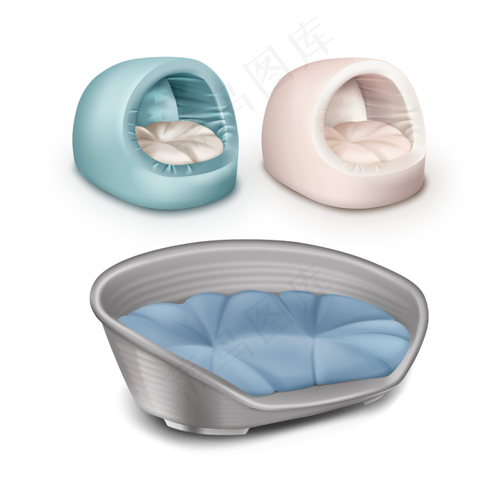 白色背景上隔离的矢量软宠物房和塑料狗床