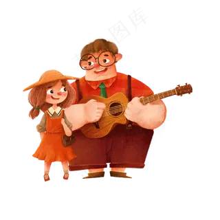 卡通小男孩弹吉它给女孩听