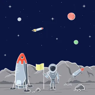 宇宙飞船、火箭、火星车的矢量插图集。涂鸦卡通矢量图标。