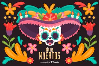 彩色女士头骨手绘día de muertos背景