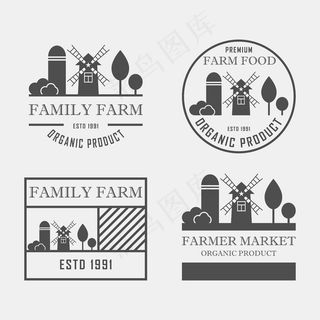 农舍概念标识集。带有农场景观的模板。有机和天然农产品标签。深色标识隔离。