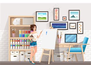 美丽的女孩拿着画笔站在画架前。脏衣服。画师室。卡通人物。房间插图