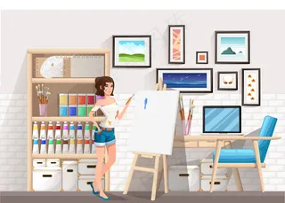 美丽的女孩拿着画笔站在画架前。脏衣服。画师室。卡通人物。房间插图