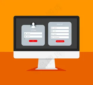 监视器显示屏上的注册表和登录表单页面。