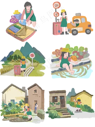 国庆出游暖色系卡通手绘女孩外出