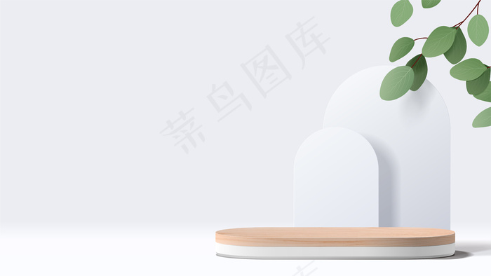 具有几何形式的抽象最小场景。有叶子的白色讲台。产品展示、化妆品展示、讲台、舞台台座或平台。eps,ai矢量模版下载