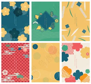 日本封面套装。亚洲风格的线条艺术与东方艺术中的中国海。花卉元素与几何风格