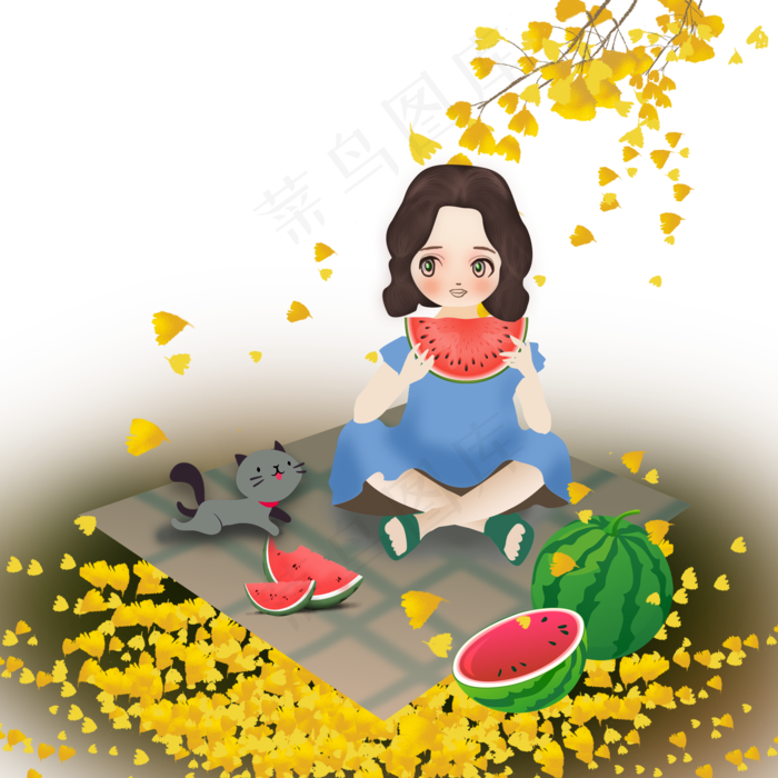 和小猫咪野餐的小女孩