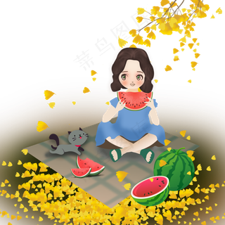 和小猫咪野餐的小女孩