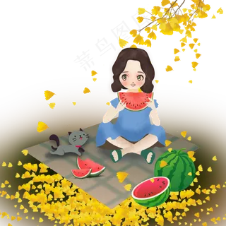 和小猫咪野餐的小女孩