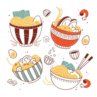 各种盛着拉面的碗