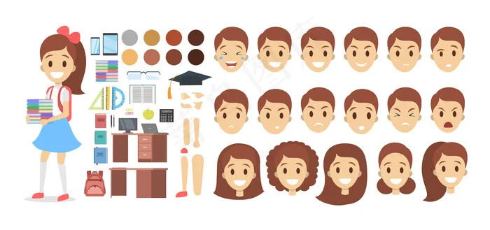 漂亮的学校孩子的女性角色设置与各种观点，发型，情感，姿势和姿态动画。