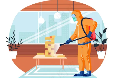 在办公室或起居室用棋盘游戏进行消毒以杀死病毒和细菌的流行病学服务人员。穿着防护服的男性角色在房间里喷洒消毒剂 在办公室或起居室用棋盘游戏进行消毒以杀死病毒和细菌的流行病学服务人员。穿着防护服的男性角色在房间里喷洒消毒剂