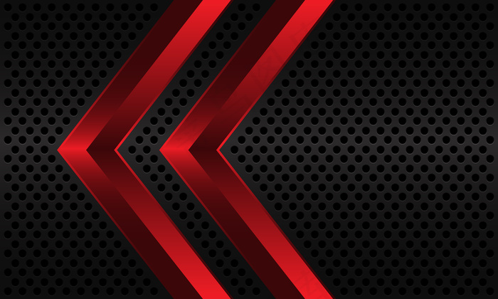 抽象的红色双箭头方向在深灰色金属圆网格图案背景。