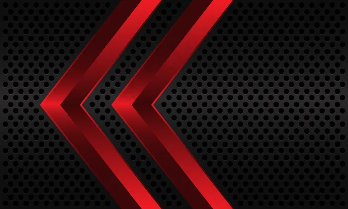 抽象的红色双箭头方向在深灰色金属圆网格图案背景。eps,ai矢量模版下载