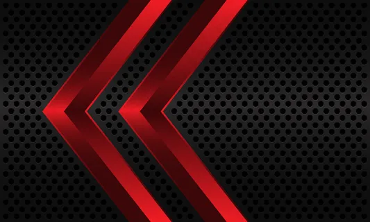 抽象的红色双箭头方向在深灰色金属圆网格图案背景。
