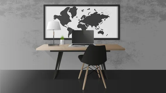 打开黑屏笔记本电脑。放在木桌上的现代笔记本电脑。餐桌、餐桌绿植、台灯、工作场所中的阁楼风格。逼真的插图。