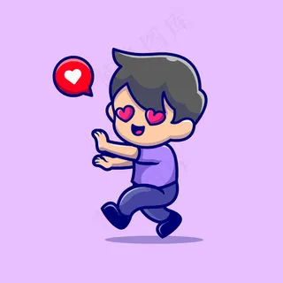 可爱男孩坠入爱河卡通图标插画。