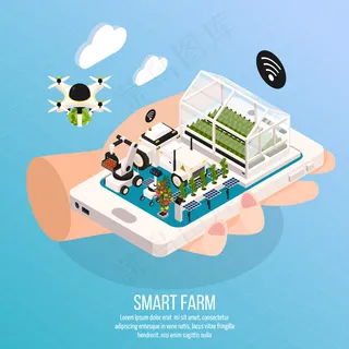 智能农场现有的组成集与技术等轴测矢量插图