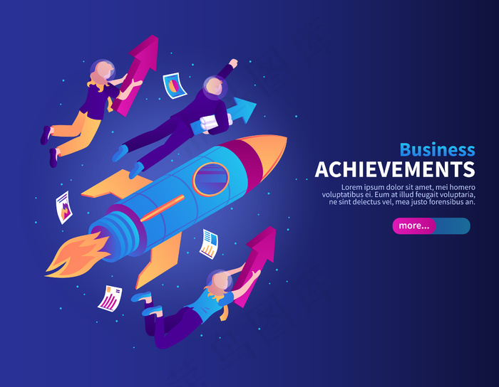 商业成就彩色火箭与人飞向银河系恒星等距图