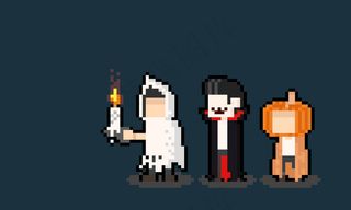 像素艺术组的男孩角色与万圣节服装。