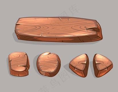 卡通木制按钮向量集。ui游戏插图，长方形板和箭头