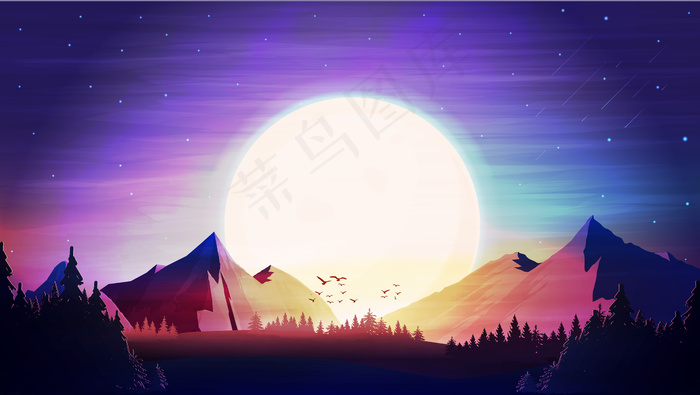 夕阳余晖，群山在地平线上eps,ai矢量模版下载