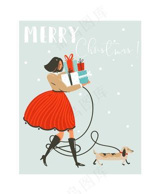 手绘抽象有趣的圣诞快乐卡通插画贺卡与女孩在衣服，狗和许多惊喜的礼物盒雪橇上蓝色的背景