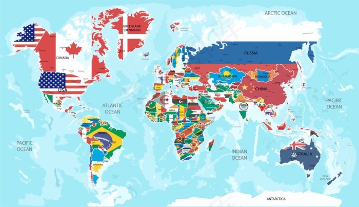 插图-世界地图和所有国家的国旗。eps,ai矢量模版下载
