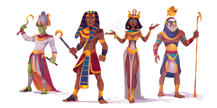 古埃及神阿蒙、奥西里斯、法老和埃及艳后。埃及神话中的矢量卡通人物、国王和王后、鹰头神、荷鲁斯和阿蒙·拉