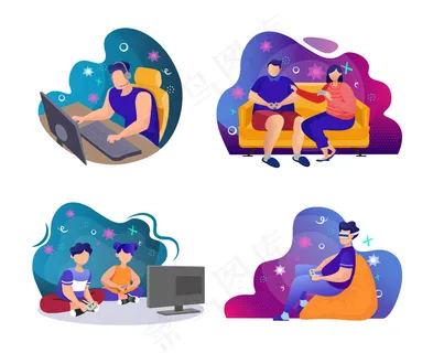 玩游戏虚拟现实娱乐视频和电脑游戏周末活动戴vr眼镜的男孩带着操纵杆的情侣卡通人物孤立在白色 玩游戏虚拟现实娱乐视频和电脑游戏周末活动戴vr眼镜的男孩带着操纵杆的情侣卡通人物孤立在白色